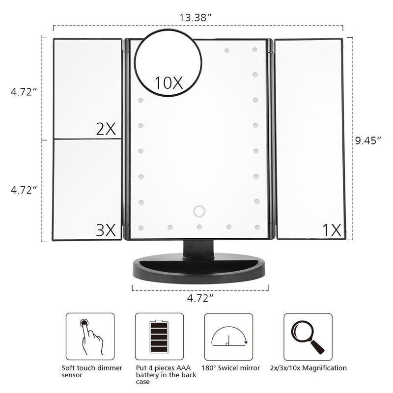 Tri Fold LED Touch Screen Makeup Mirror