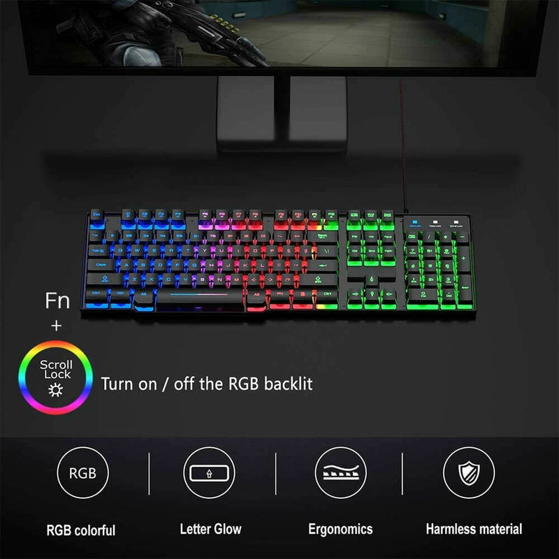 Gaming Keyboard And Mouse Set Rainbow LED Illuminated USB For PC Laptop PS4 Xbox