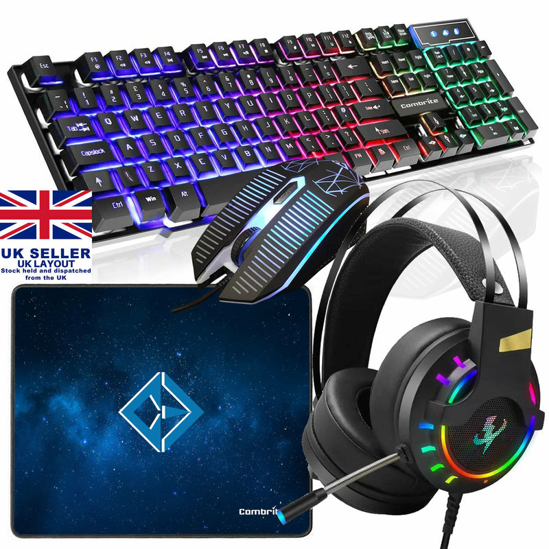 Gaming Keyboard Mouse and Headset Set Rainbow LED USB For PC Laptop PS4 Xbox One