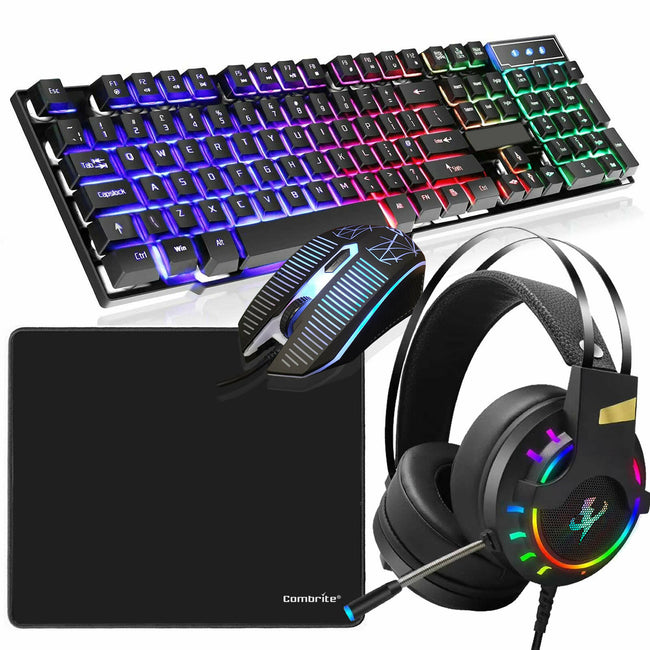 Gaming Keyboard Mouse and Headset Set Rainbow LED USB For PC Laptop PS4 Xbox One